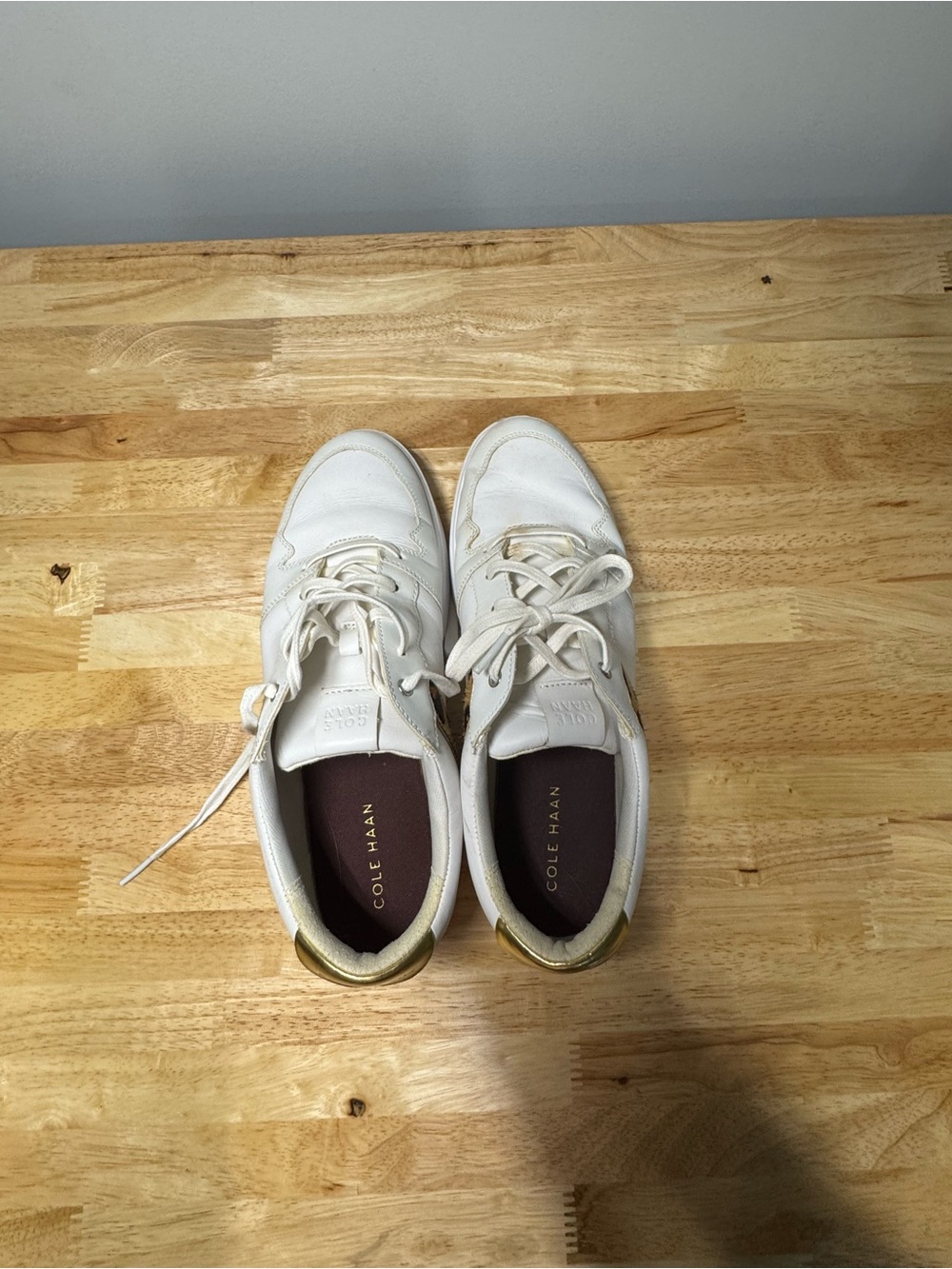 Cole Haan White Leather Sneakers with Gold Heel Accent